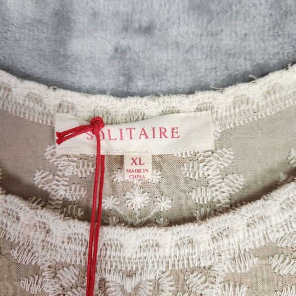 Solitaire Top Womens XL Beige Embroidered Scallop Short Sleeve Boho Western NEW - Picture 3 of 10